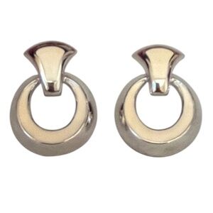 Vintage 1980s Cream Enamel Silver Tone Door Knocker Earrings Pierced Post Hoop